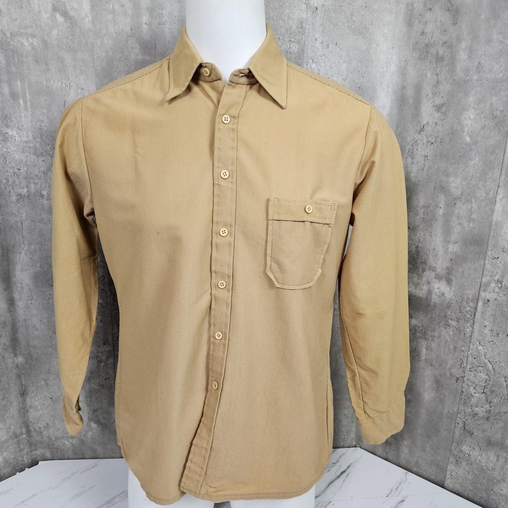 Vintage 70s 80s Sears Nylon Shirt Mens L Beige Button Up‎ Retro Disco Workwear